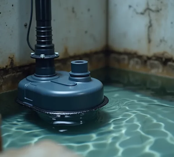 Vue en gros plan d'une pompe de puisard installée dans un sous-sol moderne avec eau partiellement pompée