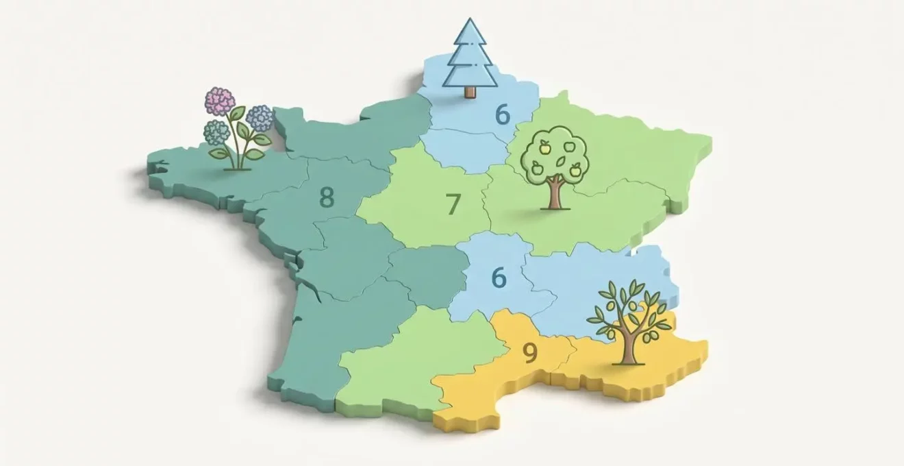 Carte illustrée de la France montrant les quatre principales zones de rusticité avec des icônes de plantes adaptées à chaque zone climatique.