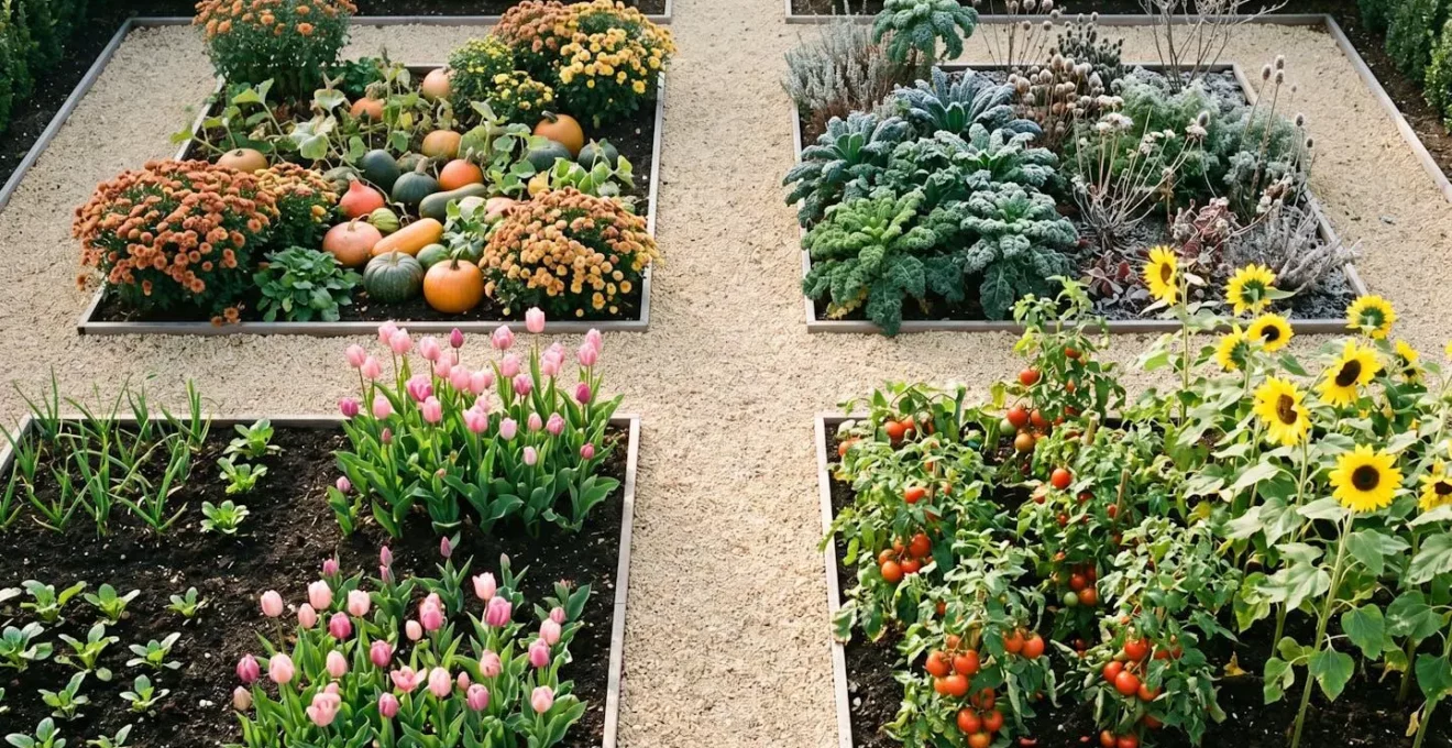 Vue aérienne d'un jardin français organisé en quatre sections représentant les quatre saisons avec leurs plantations caractéristiques.