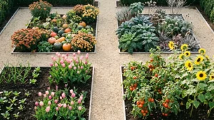 Vue aérienne d'un jardin français organisé en quatre sections représentant les quatre saisons avec leurs plantations caractéristiques.