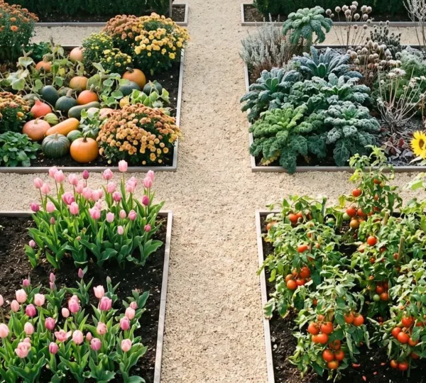 Vue aérienne d'un jardin français organisé en quatre sections représentant les quatre saisons avec leurs plantations caractéristiques.